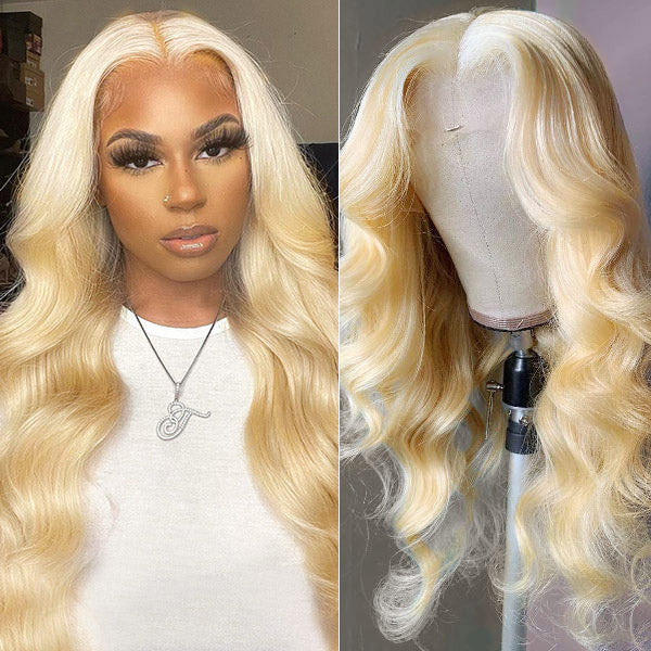 180% DENSITY - 100% Brazilian Human Hair - 180% BODY WAVE 613 Blonde Transparent lace pre-plucked