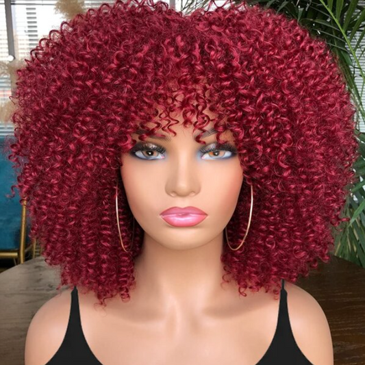 BURGUNDY 14" Kinky Curly Afro Synthetic Wig With Bangs - Soft & Fluffy