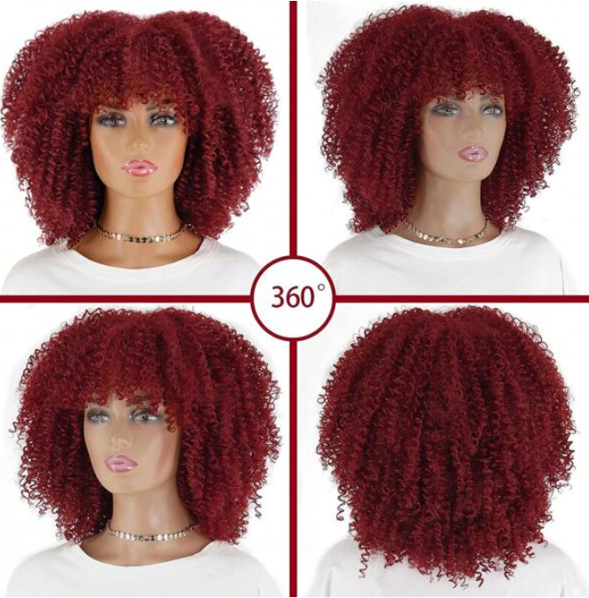 BURGUNDY 14" Kinky Curly Afro Synthetic Wig With Bangs - Soft & Fluffy