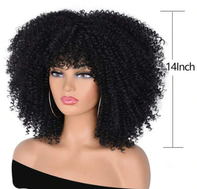 16" Kinky Curly Afro Synthetic Wig With Bangs - Soft & Fluffy