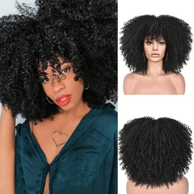 16" Kinky Curly Afro Synthetic Wig With Bangs - Soft & Fluffy