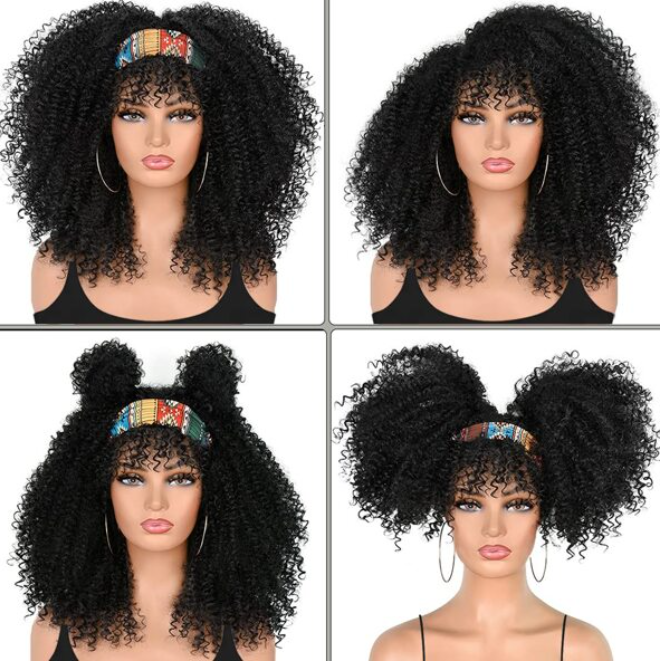 16" Kinky Curly Afro Synthetic Wig With Bangs - Soft & Fluffy