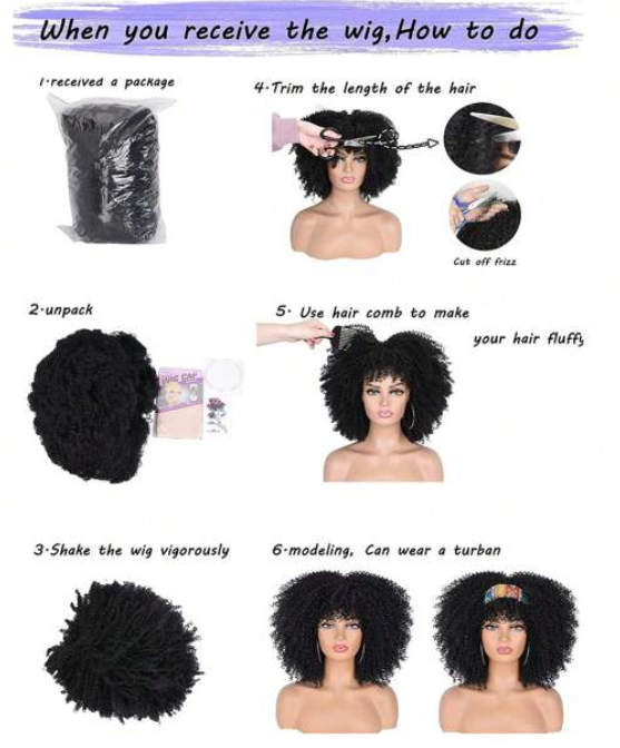 16" Kinky Curly Afro Synthetic Wig With Bangs - Soft & Fluffy