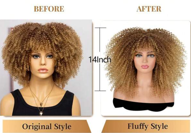 16" Kinky Curly Afro Synthetic Wig With Bangs - Soft & Fluffy